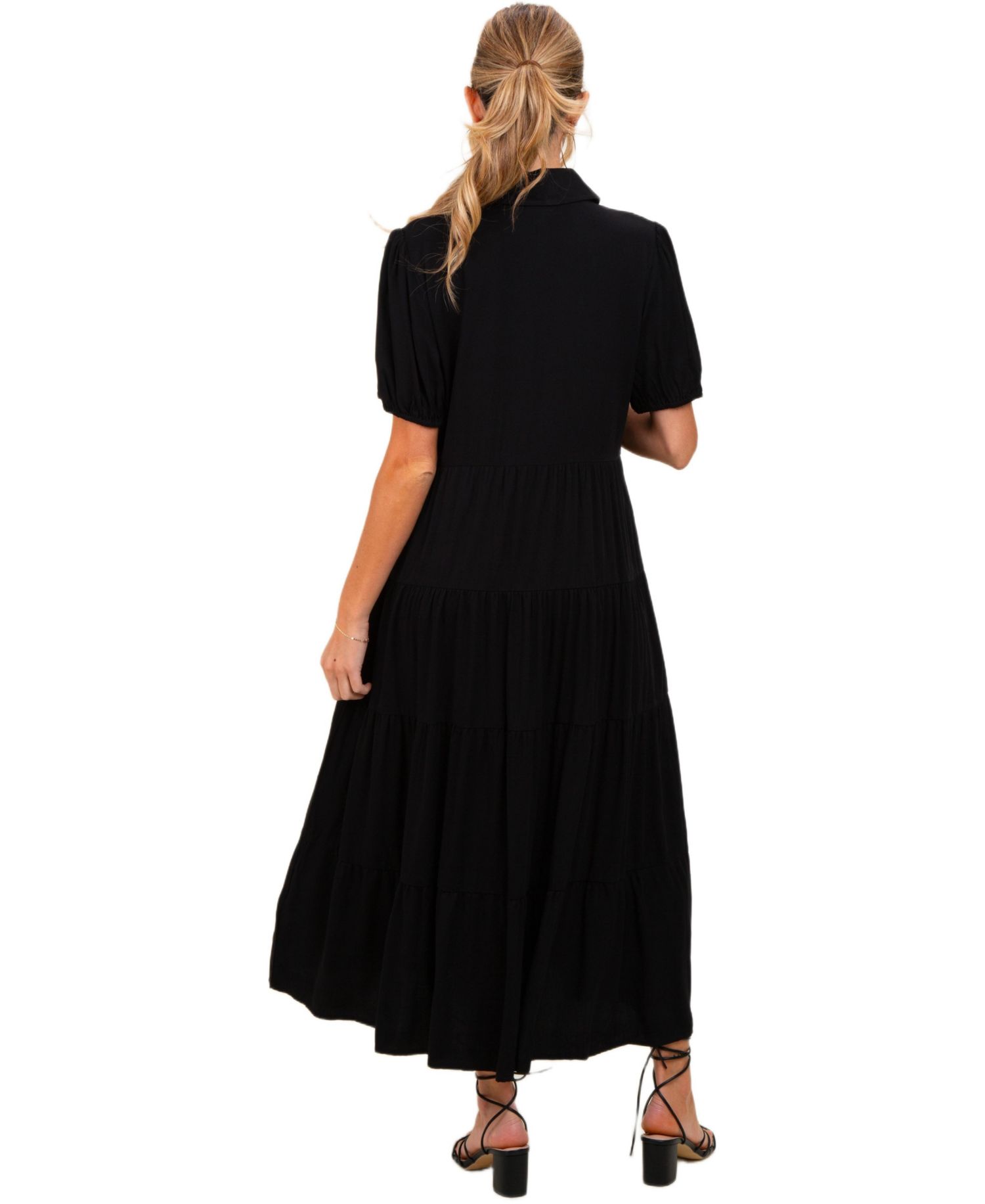 Women's Black Collared Button Down Tiered Midi Dress