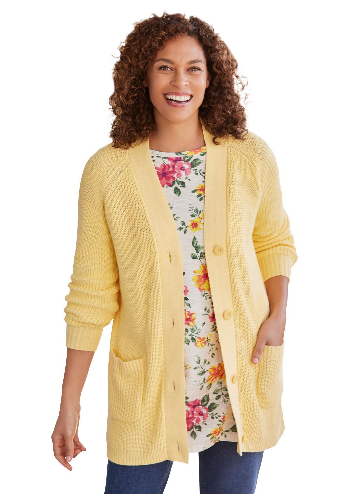 Женский кардиган Woman Within Plus Size Within Button-Front Shaker Cardigan, цвет: Banana — фото 1