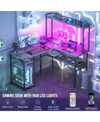 L Shaped Desk with Hutch, LED Lights, Reversible Corner Desk with Power Outlet