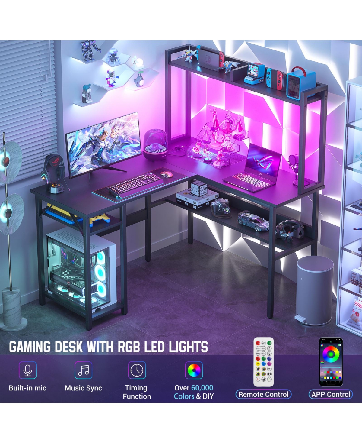 L Shaped Desk with Hutch, Led Lights, Reversible Corner Power Outlet