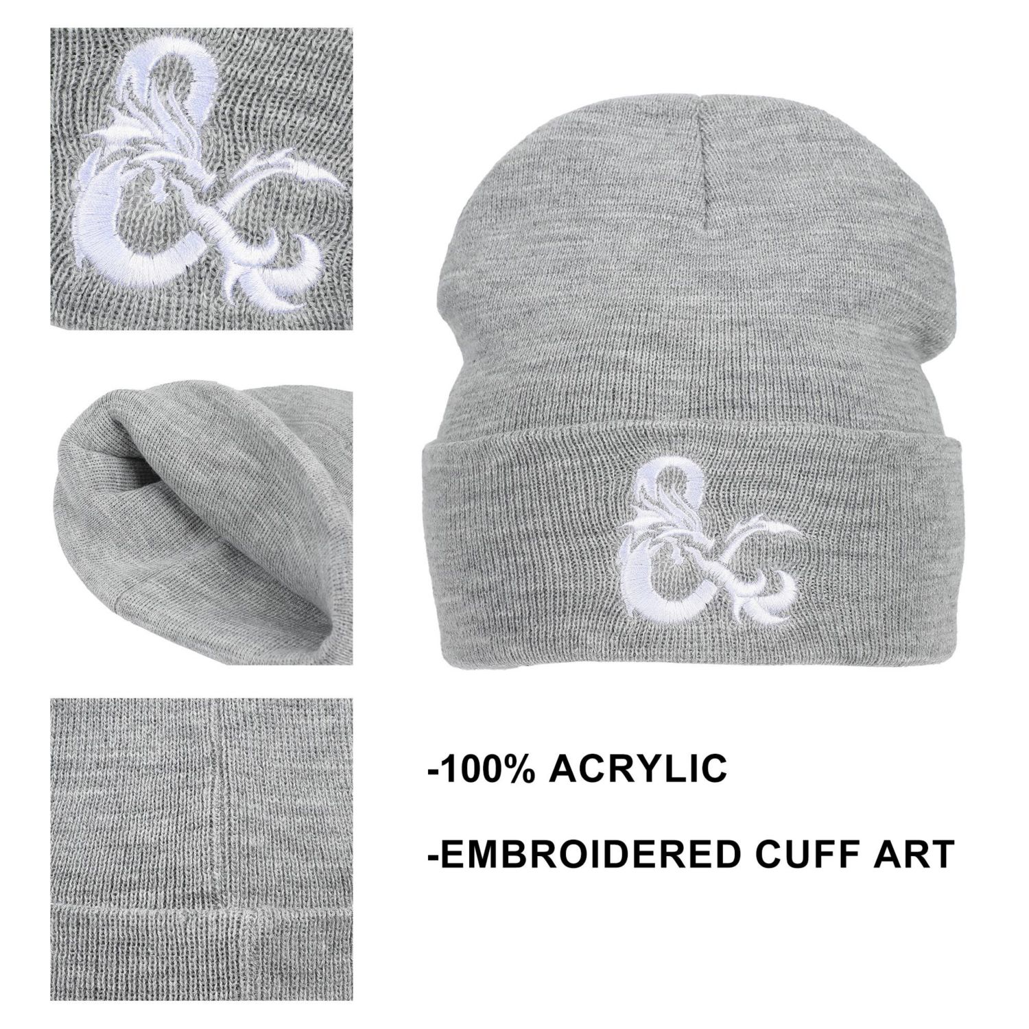 Men's Dungeons and Dragons Ampersand Logo Embroidery Heather Gray Acrylic Knit Cuff Beanie