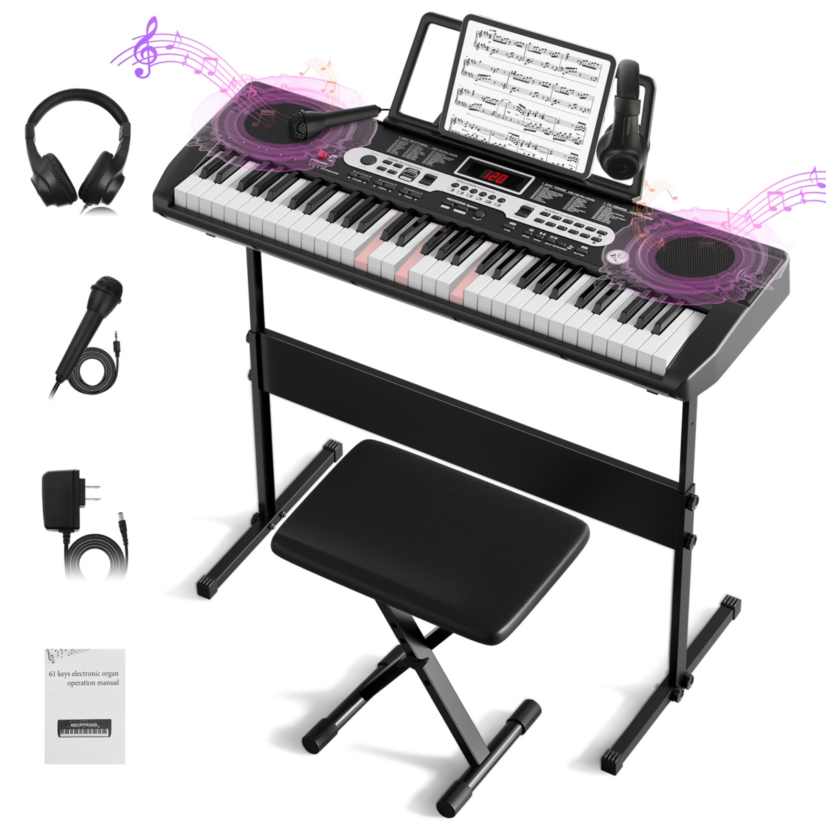 Sugift 61-Key Electronic Keyboard Piano with Lighted Keys, Teaching Modes, Headphones, Stand - Black