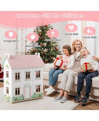 Kids Wooden Dollhouse 3 Level with Double-Sided Roofs and Doors