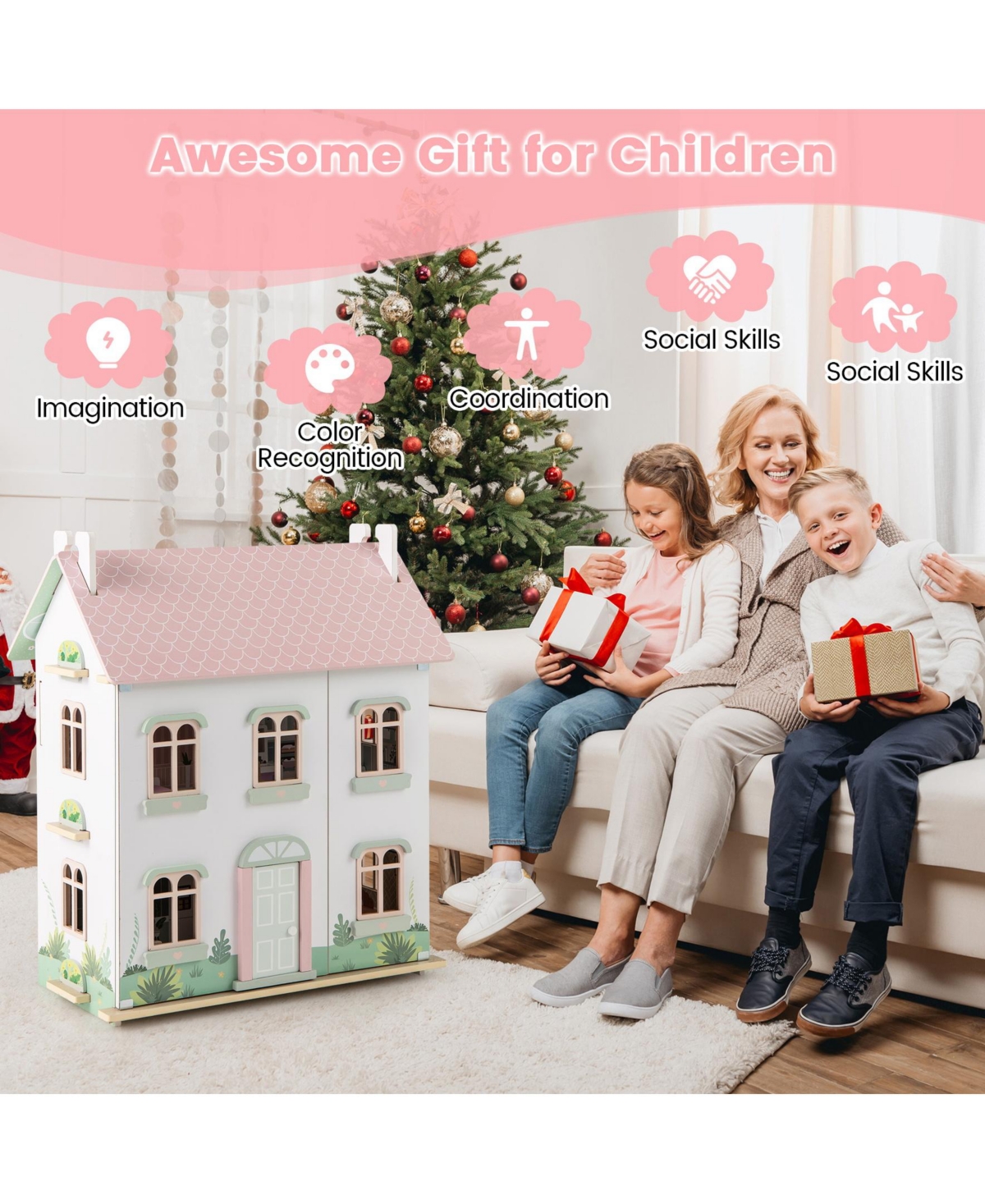 Sugift Kids Wooden Dollhouse 3 Level with Double-Sided Roofs and Doors