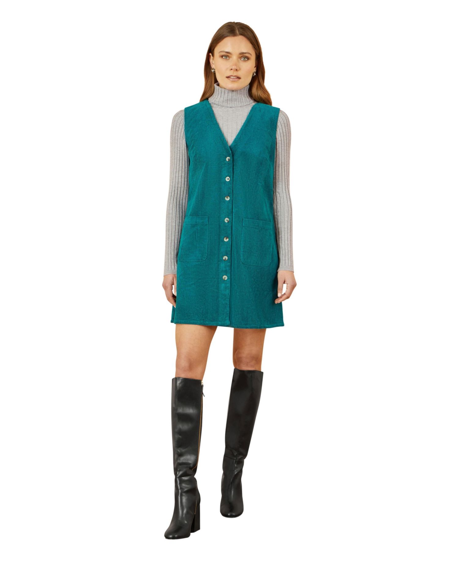 Women's V-Neck Cord Pinafore Dress