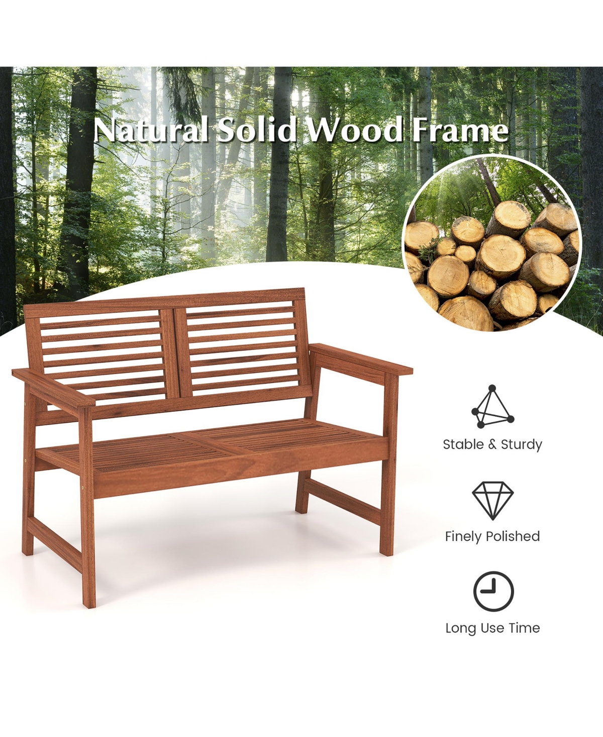 Gymax Outdoor Bench with Cushion 2-Person Patio Bench w/Slatted Back & Seat Garden Backyard Balcony