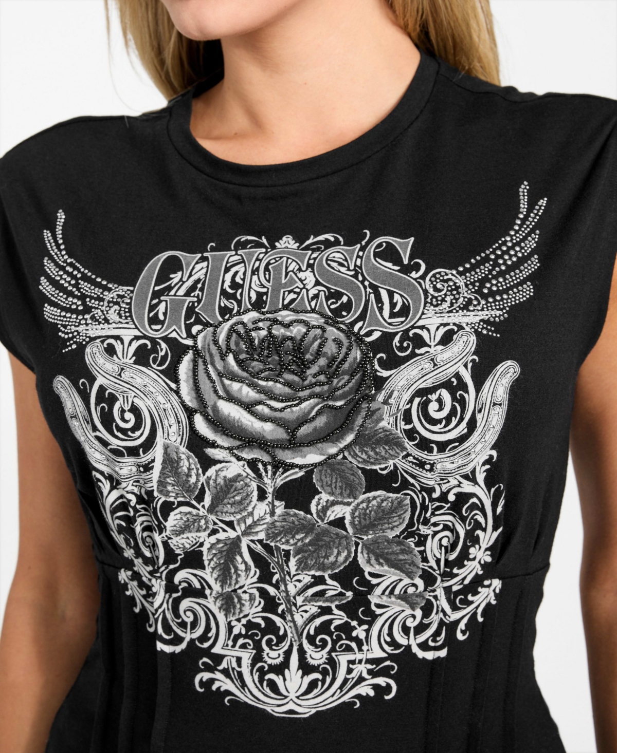 Guess Ricker Rose Embellished Corset Graphic T-shirt In Black