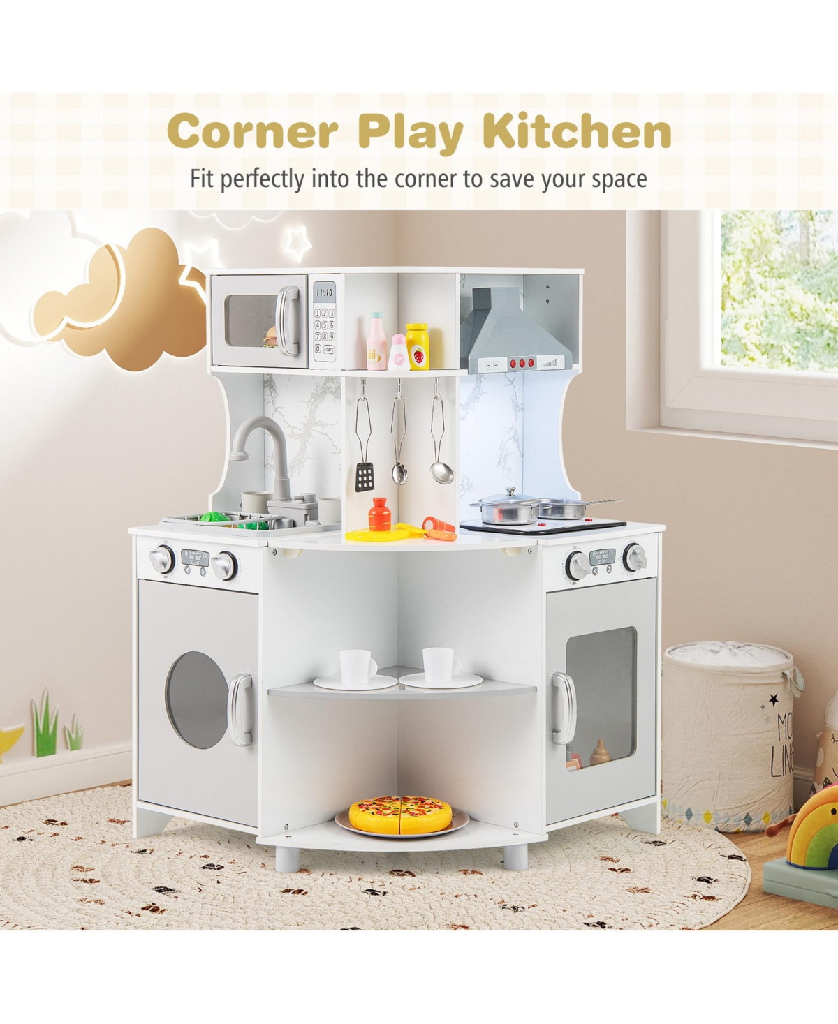 Sugift Kids Corner Wooden Play Kitchen with Range Hood and Stoves
