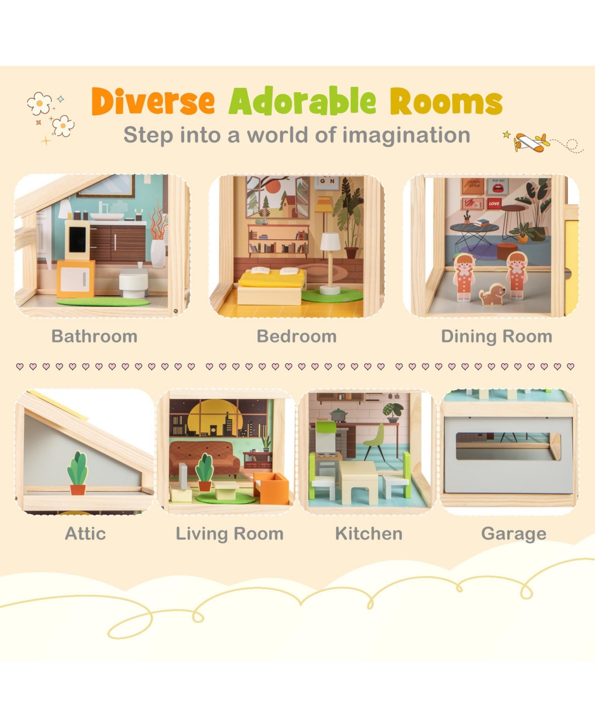 Sugift Wooden Dollhouse for Kids Modern Family Pretend Playhouse with Furniture Pieces and Figures