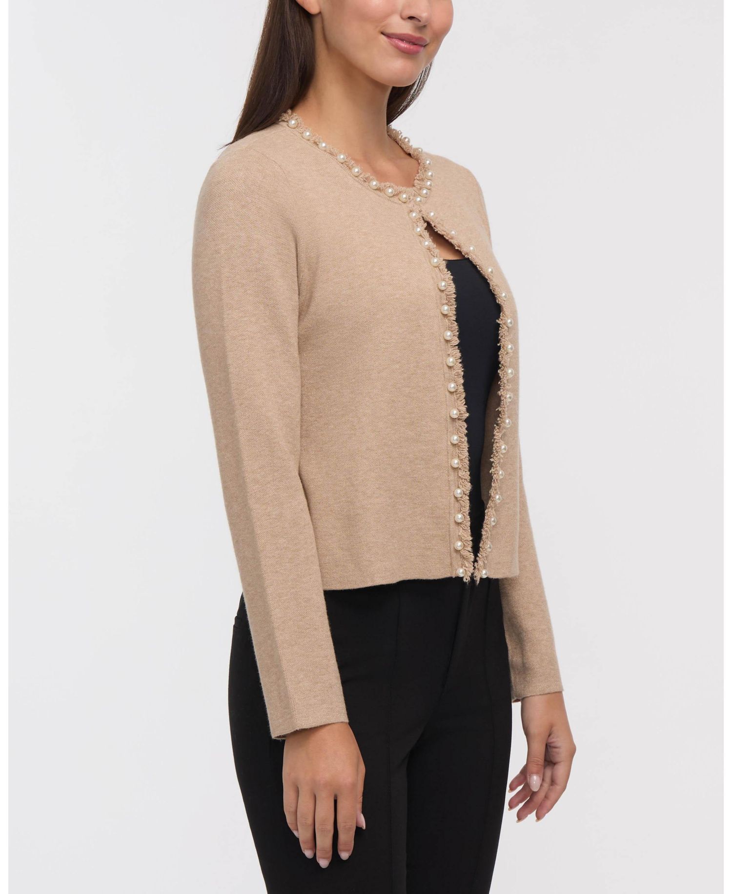 Women's Long Sleeve Open Cardigan with Pearl Trim