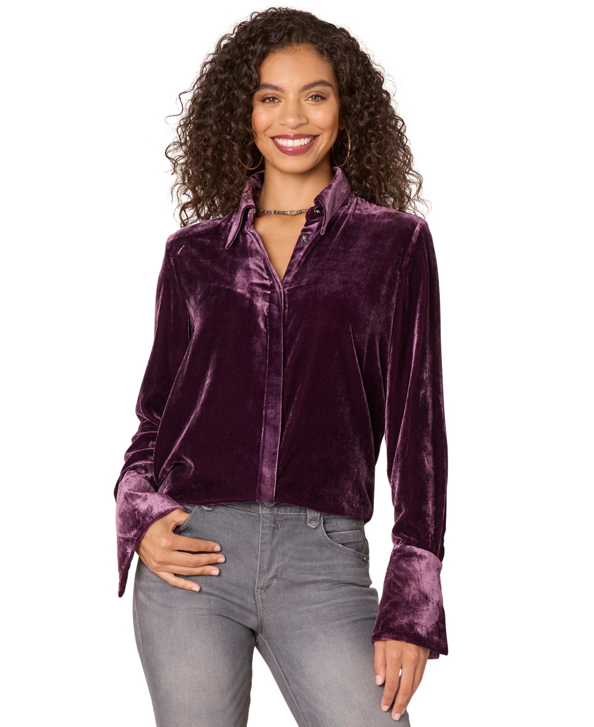 Democracy Women's Long Sleeve With French Cuff Shirt In Purple