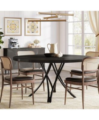 Black Dining Table for 4, 47-Inch Round Kitchen Table, Modern Wood Dining Room Table with Sturdy Cross Metal Legs for Kitchen Living Room