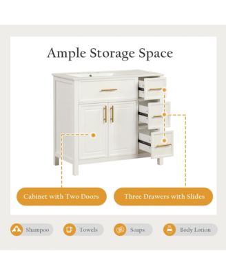 36" Solid Wood and MDF Bathroom Vanity with Sink Top, Cabinet Doors and Drawers