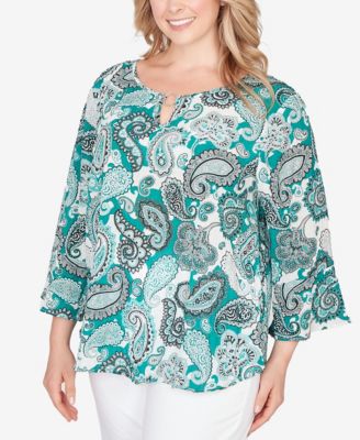 Plus Size Printed Woven Crinkle 3/4 Sleeve Top