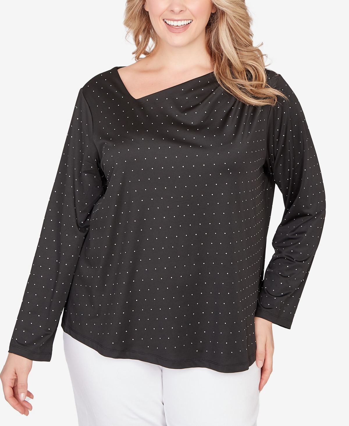 Hearts Of Palm Plus Long Sleeve Asymmetrical Neck Top with Rhinestones