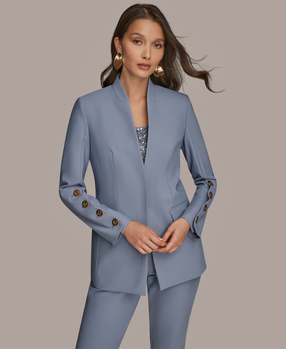 Donna Karan Donna Karen New York Womens Button Sleeve Blazer Slim Ankle Pants Sequin Camisole In Gray