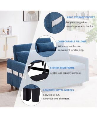 55" Fabric Convertible Sleeper Loveseat – Pull-Out Sofa Bed with Adjustable Back, USB A/C Ports & Side Pockets for Small Spaces.