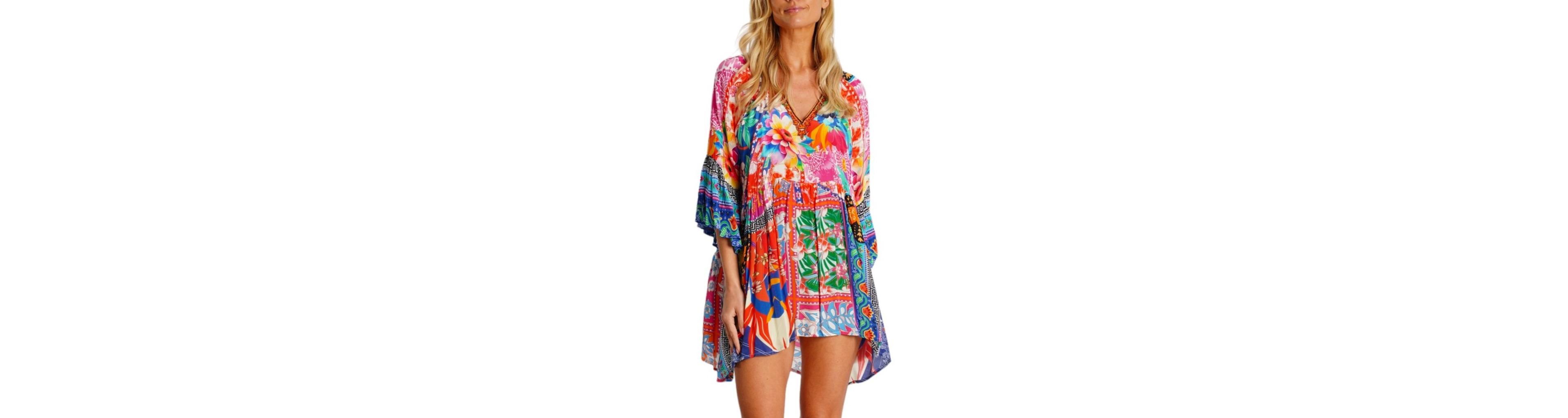 La Moda Clothing Women's Multicolor Mini Dress with Side Asymmetrical Hem and Beaded Neckline