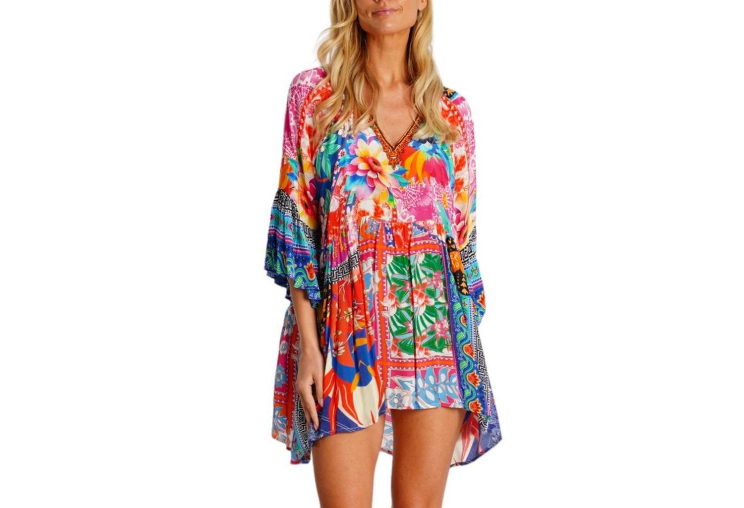 Women's Multicolor Mini Dress with Side Asymmetrical Hem and Beaded Neckline