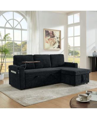 Maison Boucle Modern Chenille Upholstered Wood Pull-Out Sleeper with LED Lights, USB Ports & Cup Holders Sofa Bed