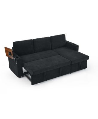 Maison Boucle Modern Chenille Upholstered Wood Pull-Out Sleeper with LED Lights, USB Ports & Cup Holders Sofa Bed