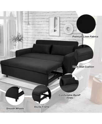 61-Inch Pull-Out Linen Sofa Bed with Extra-Wide Convertible Sleeper Loveseat, Storage Pocket & Wheels for Apartments and Guest Rooms