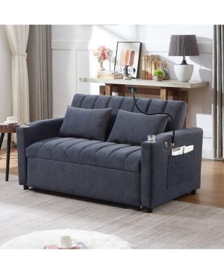 55.9" Pull Out Sofa Bed with USB Ports, Cup Holders & Side Pockets, Adjustable Backrest Convertible Sleeper for Small Spaces-Maison Boucle