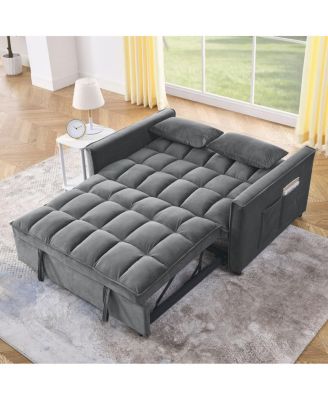 Convertible Velvet Sofa Bed, 54'' Pull-Out Sleeper Loveseat with 3-Position Adjustable Backrest, Side Pockets & Pillows-Maison Boucle