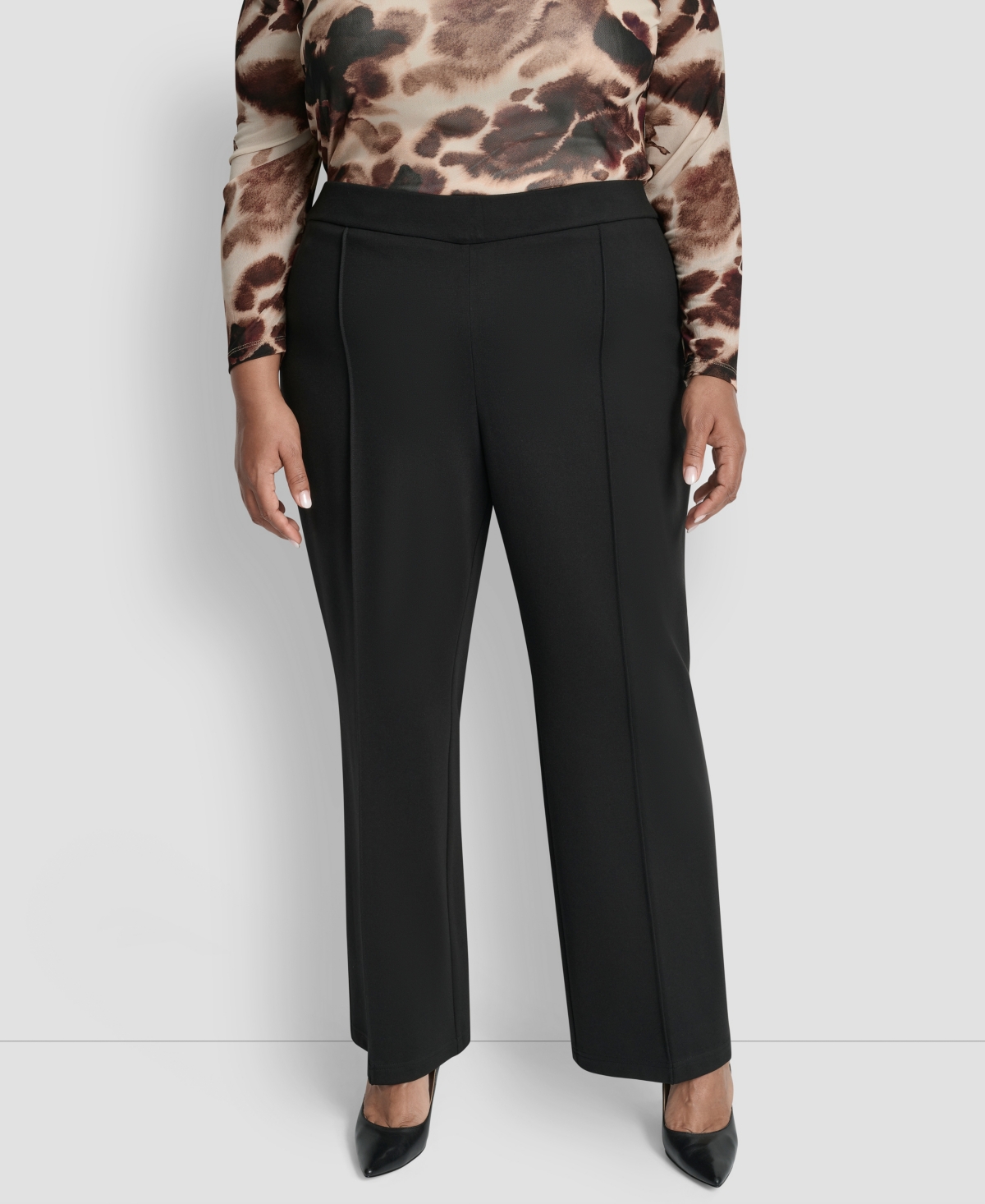 Dkny Plus Size Mid Rise Pleat Detail Straight Fit Pants In Black