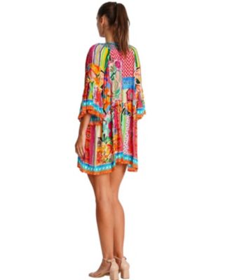 Women's Multicolor Mini Dress with Side Asymmetrical Hem and Beaded Neckline