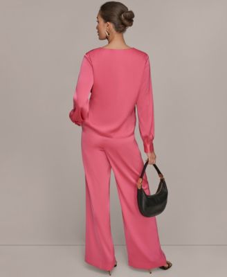 Donna Karan Womens Faux Wrap Long Sleeve Top Wide Leg Trousers In Pink