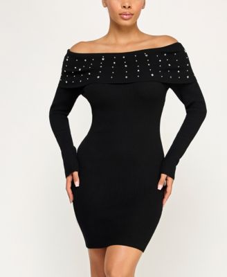 Juniors Off The Shoulder Rhinestone Fitted Sweater Dress