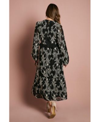 Women's Long Sleeve Broderie Floral Midaxi Dress