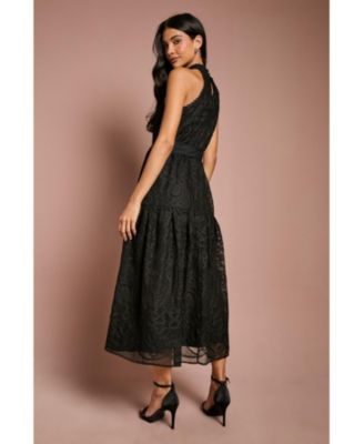 Women's Lace Organza Belted Halter Midi Dress