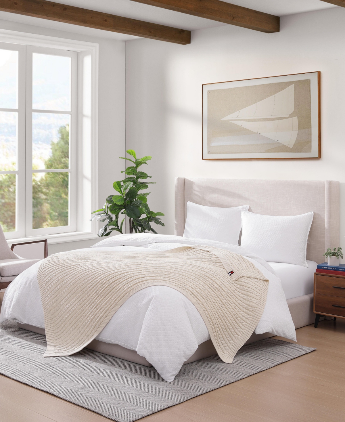 Tommy Hilfiger Solid Cotton Cable Knit Throw Blanket, 70" X 50" In Neutral