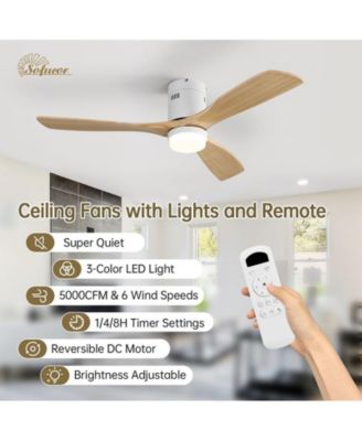 52-inch Modern White 3 Solid Wood Blades Flush Mount Tri color Adjustable Ceiling Fan Light with Remote Control and Forward Reverse Rotation Function