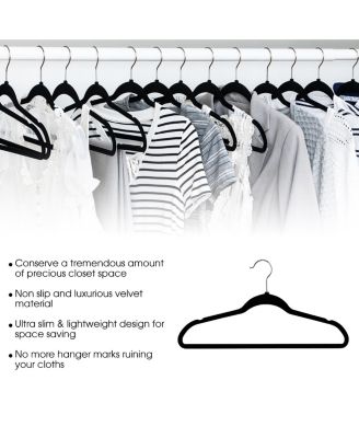 100 Piece Set of Velvet Slim Profile Heavy Duty Felt Hangers with Stainless Steel Swivel Hooks in Black