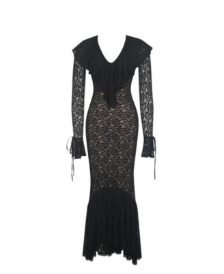 Women's Parisa Black Lace Ruffled Mermaid Maxi Dress