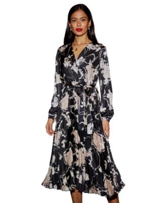 Women's Floral Satin Long Sleeve Midi Dress