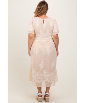 Plus Size Cream Embroidered Smocked Midi Dress