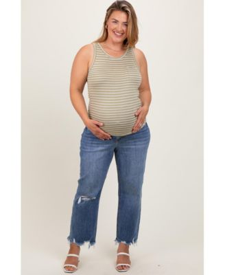 Maternity Blue Distressed Open Knee Relaxed Straight Leg Maternity Plus Jeans