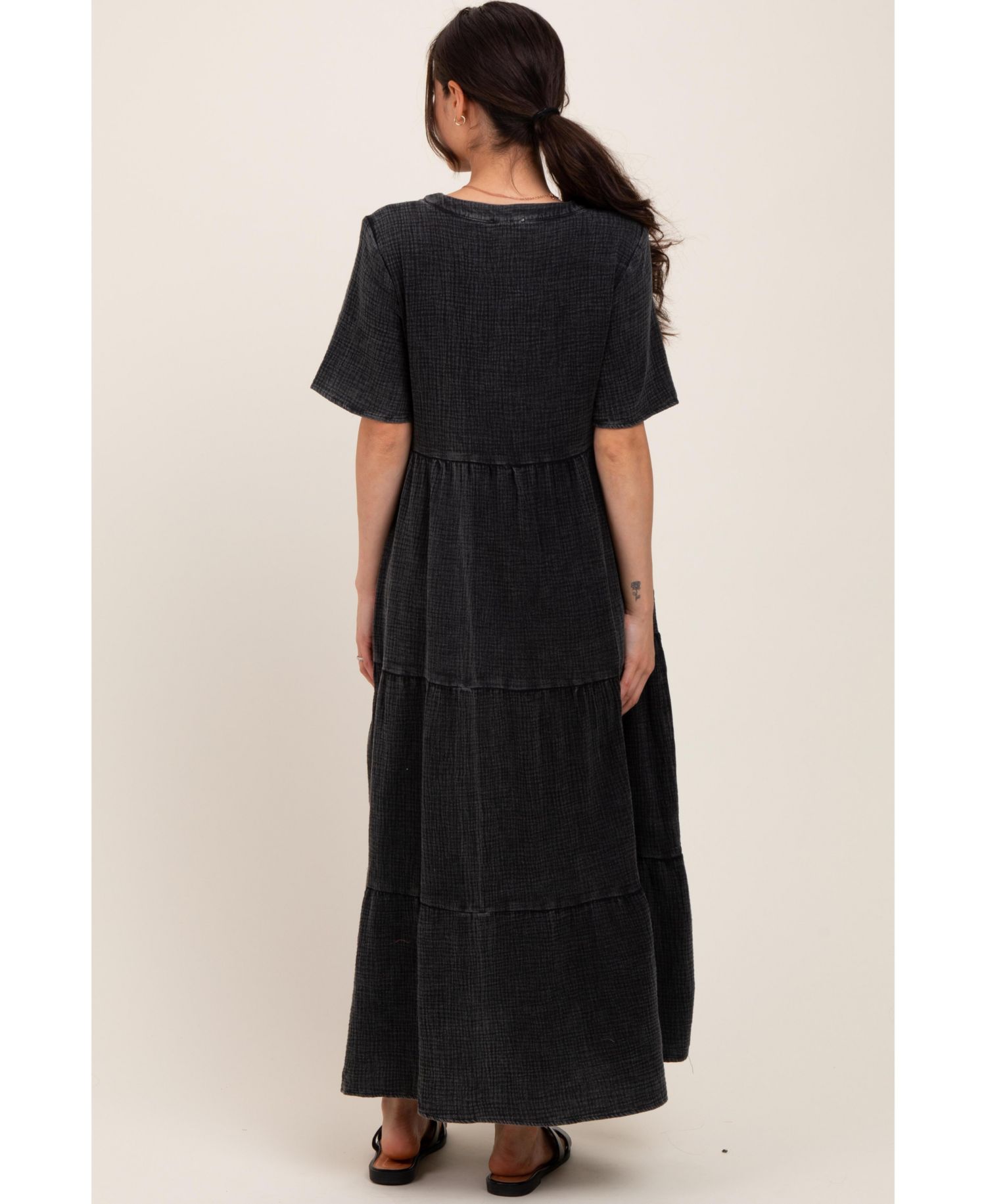 Women's Black Button Front Tiered Maxi Dress