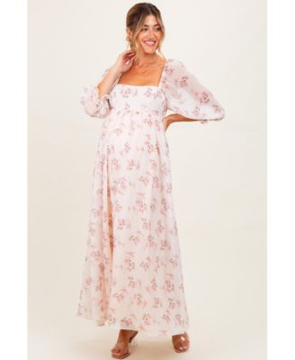 Maternity Light Pink Floral Chiffon Long Sleeve Maxi Dress