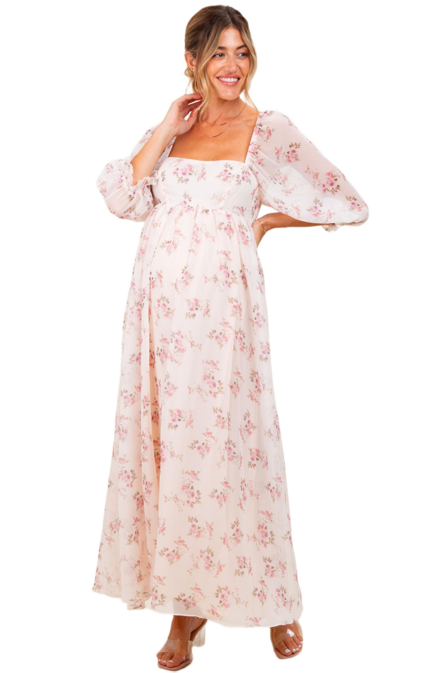 Women's Light Pink Floral Chiffon Long Sleeve Maxi Dress