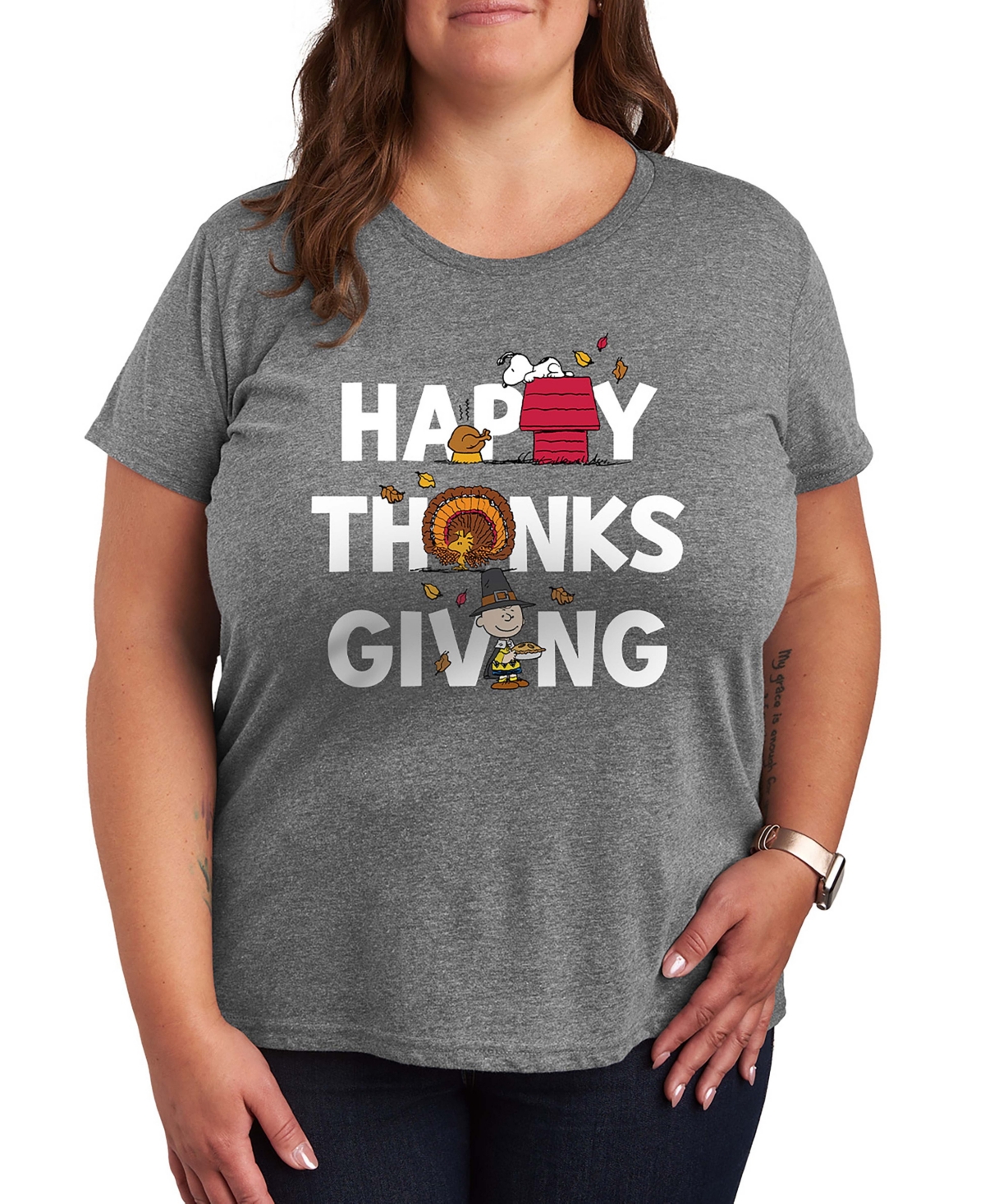 Peanuts Snoopy ans Chrlie Brown Happy Thanksgiving Women's Short Sleeve Graphic T-shirts
