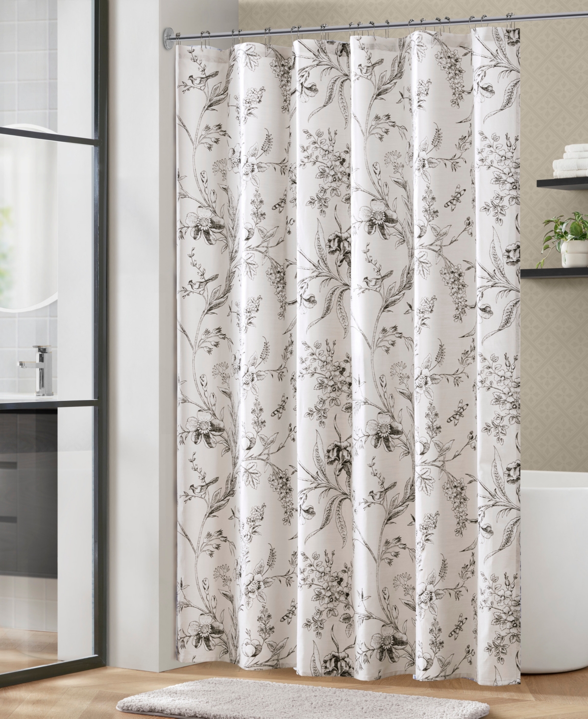 Laura Ashley Branch Toile Vintage Floral Shower Curtain, 72" X 84" In White