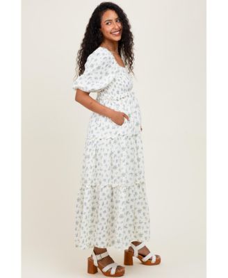 Maternity Blue Floral Smocked Ruffle Tiered Maxi Dress
