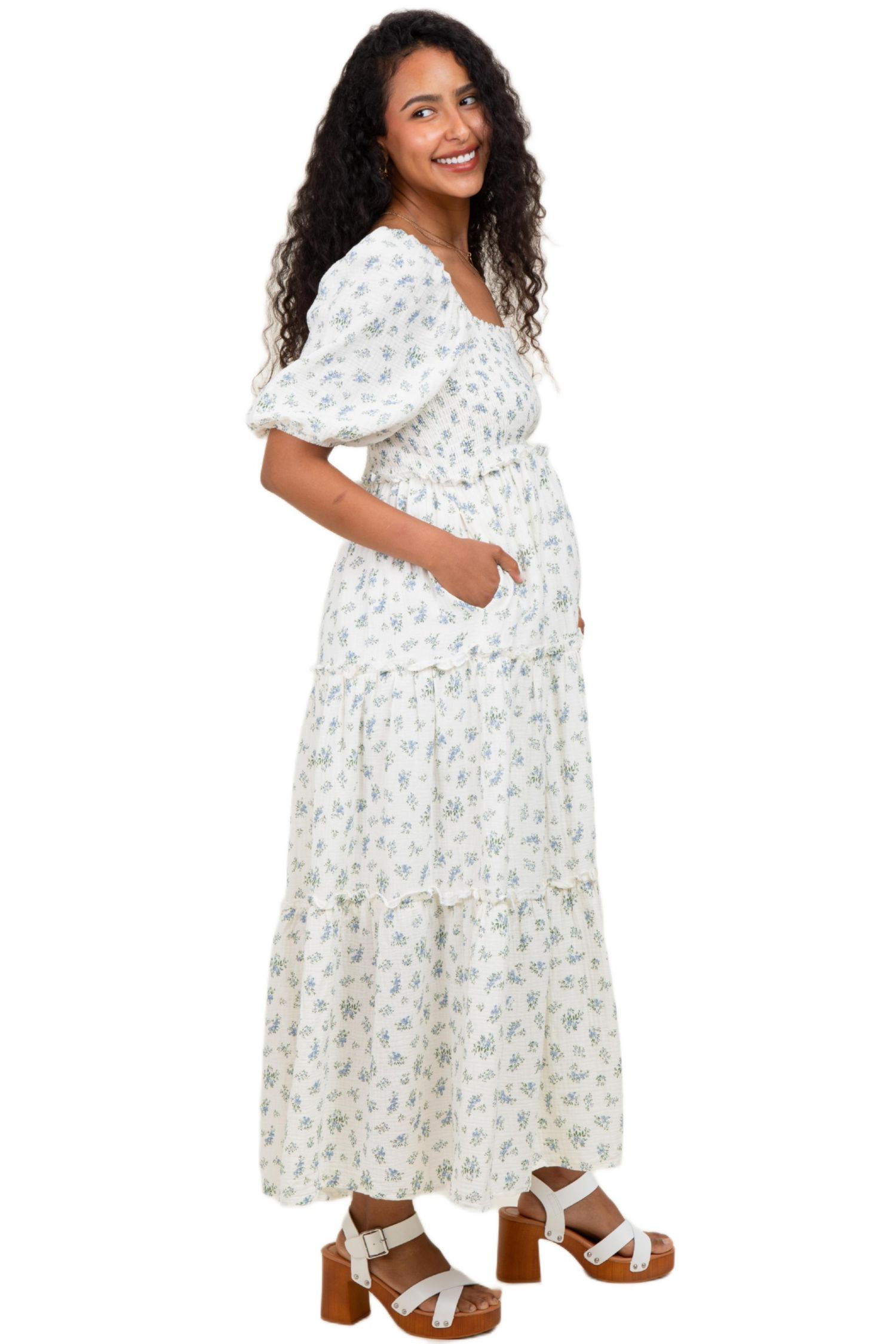 Women's Blue Floral Smocked Ruffle Tiered Maxi Dress