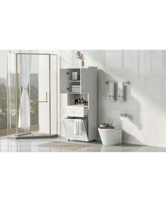 Tall Bathroom Cabinet with Laundry Basket, Tilt-Out Hamper and Upper Storage