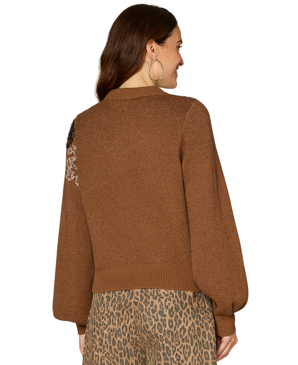 Democracy Petite Mock Neck Floral Sweater In Brown